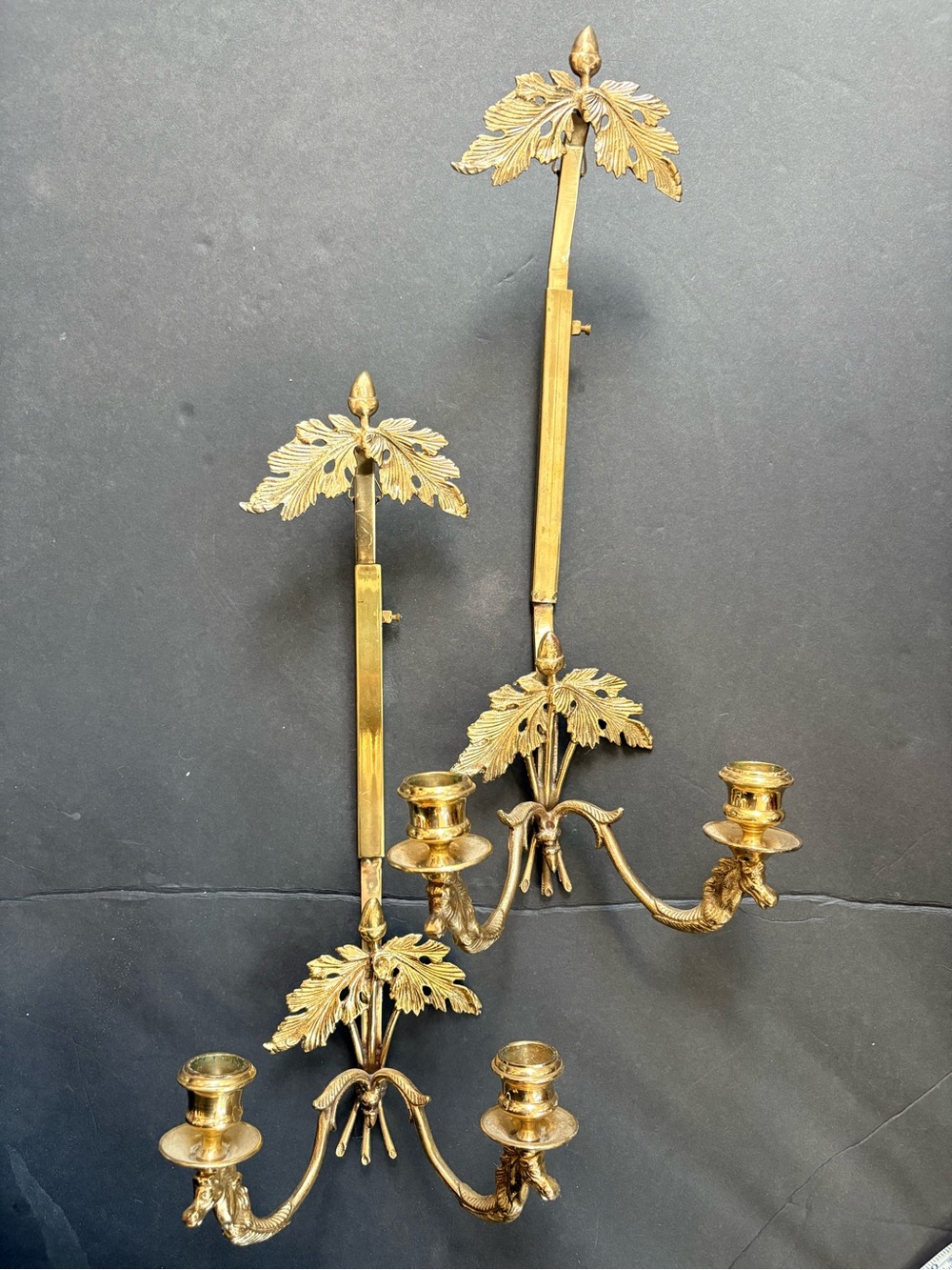 Vintage Hollywood Regency 16 inch Pair of Brass Wall Sconces With Oak and Horse - Picture 2 of 7